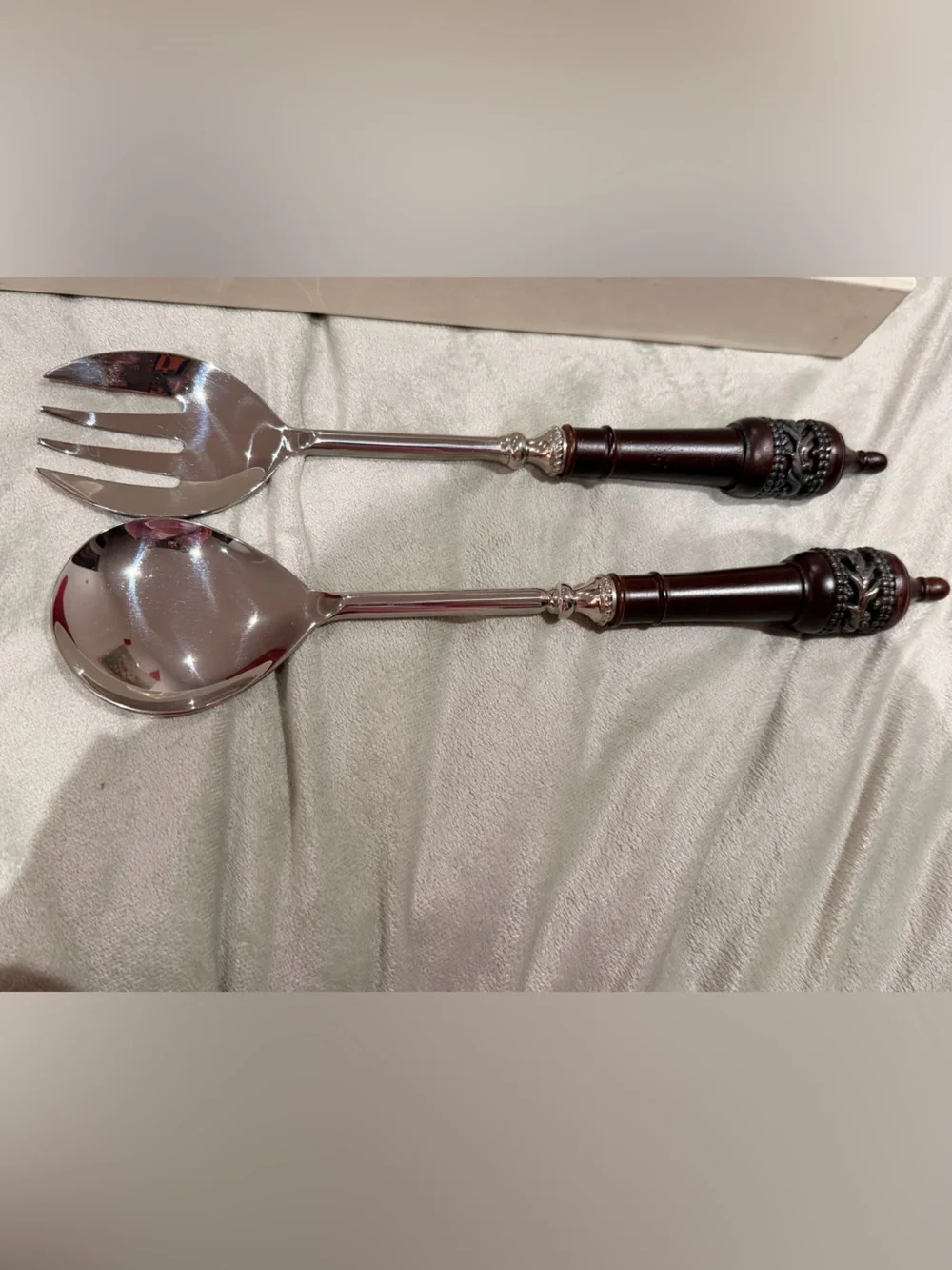 Pottery Barn Wood Ornamental Serving Spoon and Fork Stainless Steel Serving Set